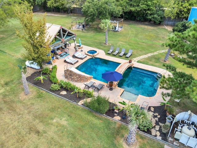 view of pool featuring a yard, a gazebo, and a patio