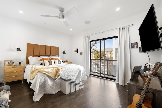 bedroom featuring access to outside, ceiling fan, and dark wood-type flooring