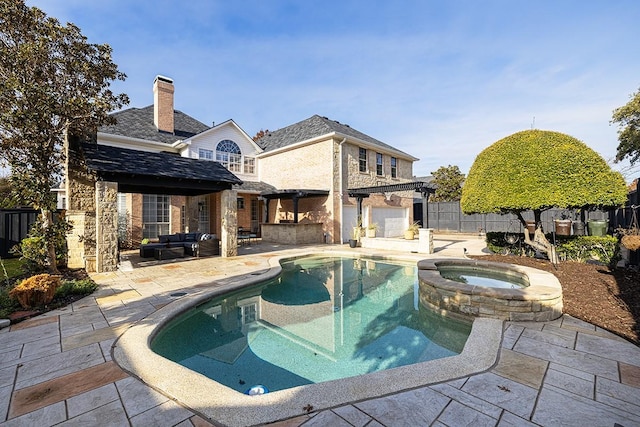 view of swimming pool featuring an outdoor living space, a patio area, a pergola, and an in ground hot tub