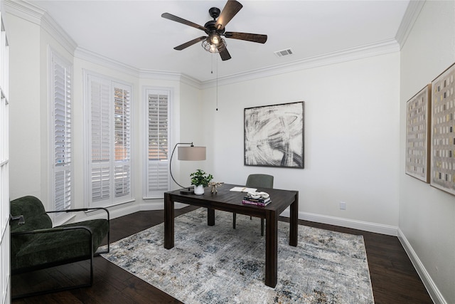 office with ceiling fan, dark hardwood / wood-style flooring, and ornamental molding