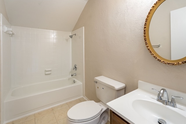 full bathroom featuring vanity, vaulted ceiling, tile patterned flooring, toilet, and shower / bathtub combination