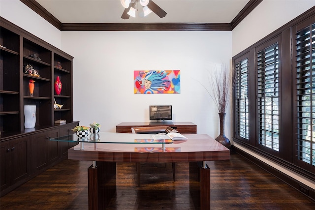 office with crown molding, ceiling fan, and dark wood-type flooring