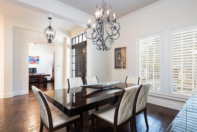 dining room with dark wood-type flooring and ornamental molding