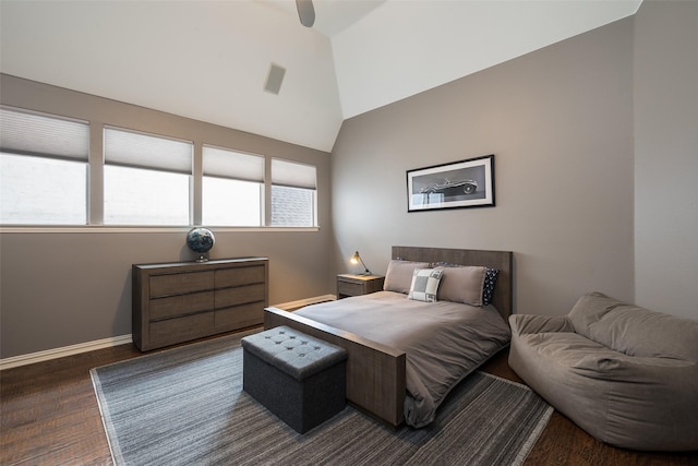 bedroom with ceiling fan and lofted ceiling