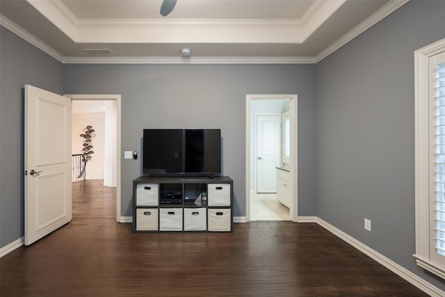 living room featuring a tray ceiling, a wealth of natural light, and crown molding