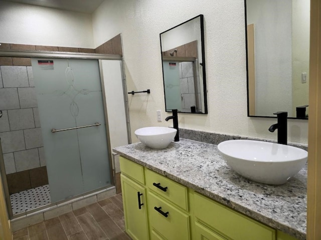 bathroom featuring vanity and a shower with shower door