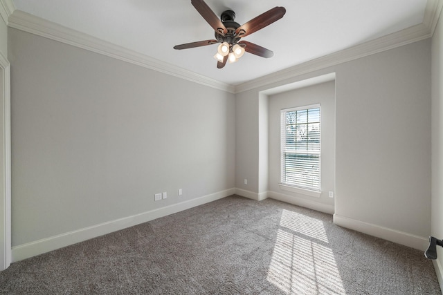 spare room featuring carpet flooring, ceiling fan, and crown molding