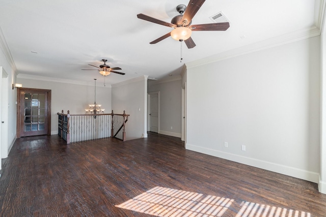 unfurnished room with ceiling fan with notable chandelier, dark hardwood / wood-style floors, and crown molding