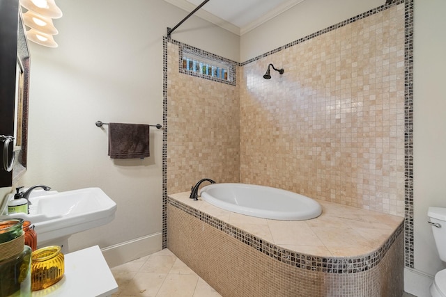 full bathroom with sink, tiled shower / bath combo, tile patterned floors, crown molding, and toilet