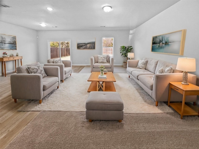 living room with light hardwood / wood-style floors and a healthy amount of sunlight