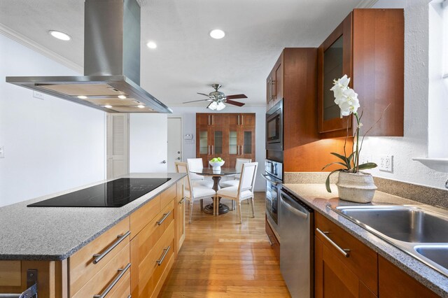 kitchen with island range hood, stainless steel appliances, crown molding, sink, and light hardwood / wood-style flooring