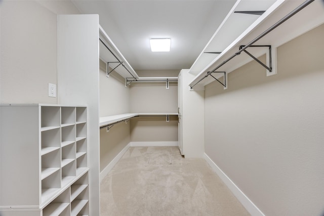 walk in closet featuring light colored carpet