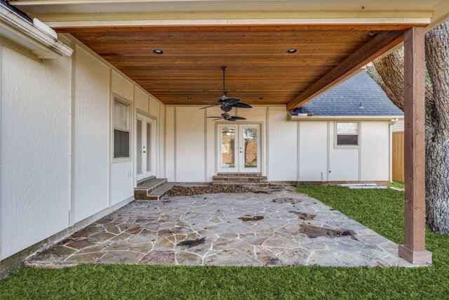 view of patio with ceiling fan and french doors