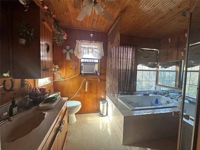 bathroom featuring a bathtub, vanity, wooden walls, wooden ceiling, and toilet