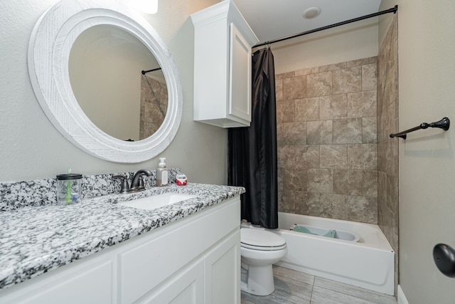 full bathroom with tile patterned flooring, vanity, toilet, and shower / bathtub combination with curtain