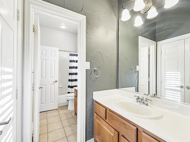 full bathroom featuring tile patterned flooring, vanity, toilet, and shower / tub combo with curtain