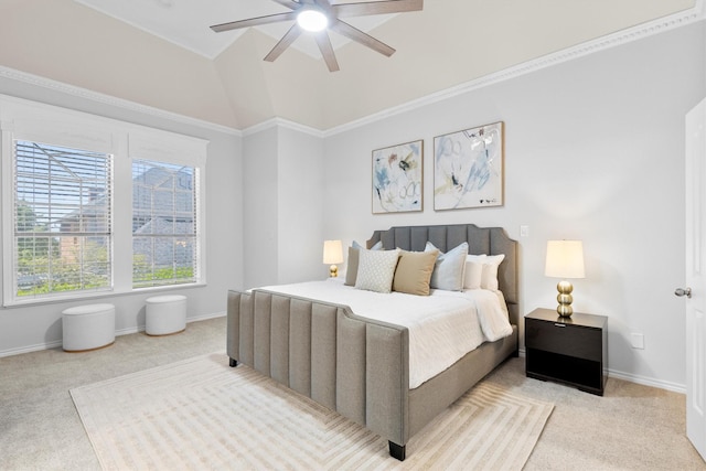 bedroom featuring light carpet, vaulted ceiling, baseboards, and a ceiling fan