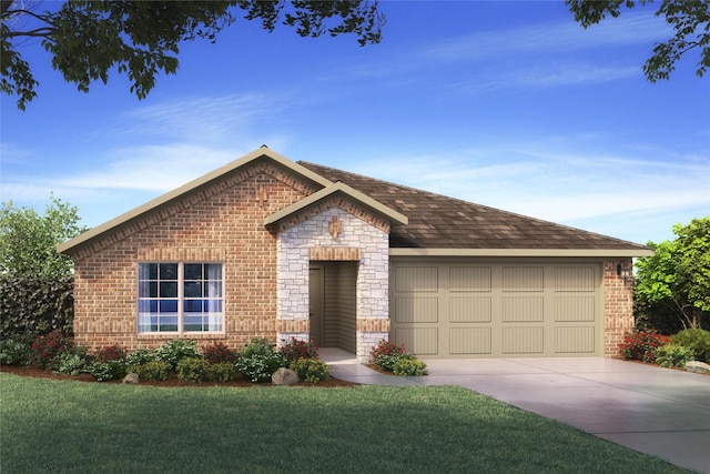 ranch-style house featuring a front yard and a garage