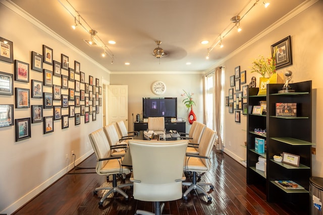 office area with crown molding, ceiling fan, and dark wood-type flooring