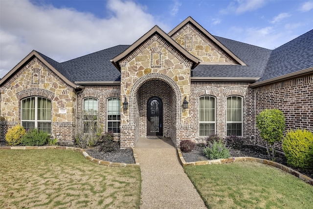 french country inspired facade featuring a front yard