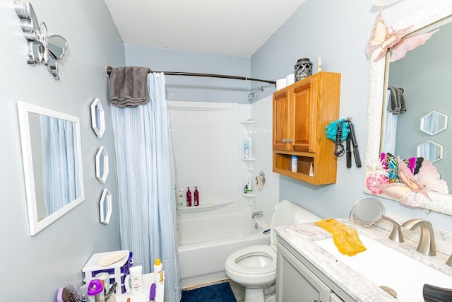 full bathroom with vanity, toilet, and shower / bath combo with shower curtain