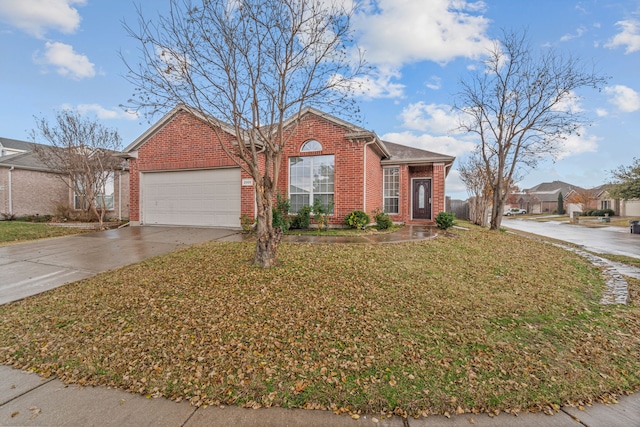 single story home with a front yard and a garage