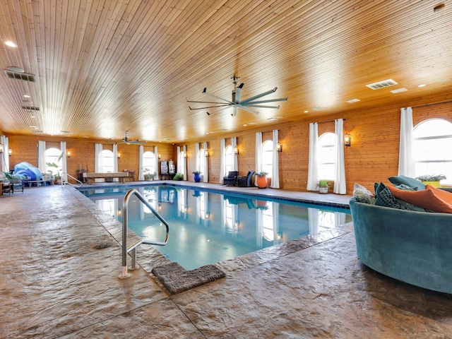 view of swimming pool featuring ceiling fan