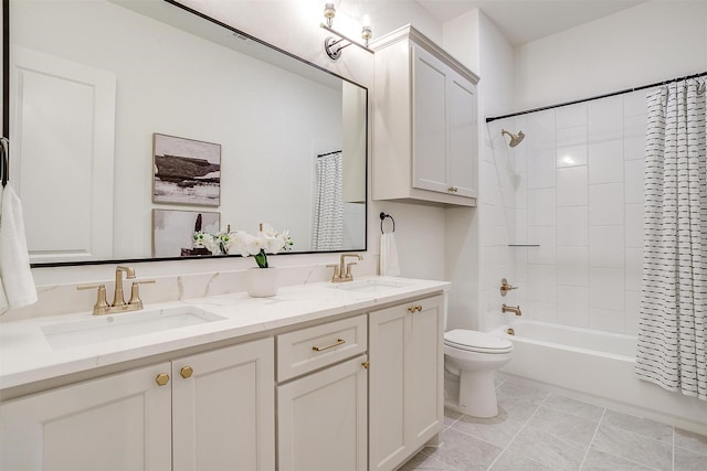 full bathroom featuring toilet, shower / tub combo, vanity, and tile patterned floors