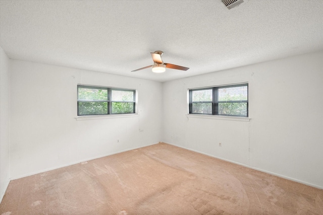 carpeted spare room with ceiling fan, plenty of natural light, and a textured ceiling