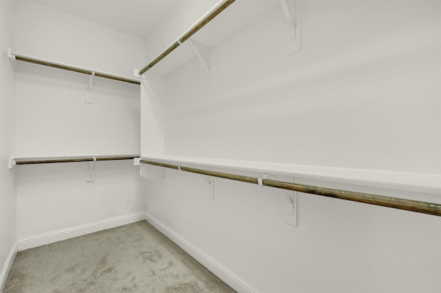 walk in closet featuring light colored carpet