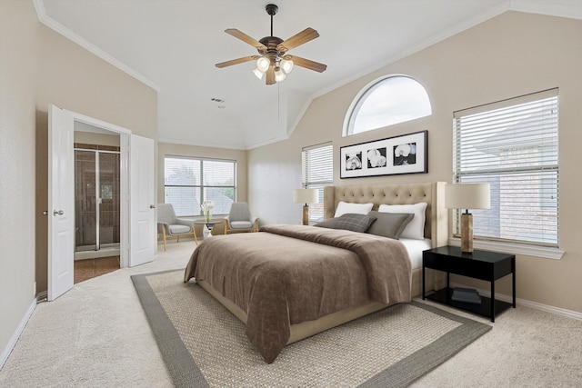 bedroom with ceiling fan, light colored carpet, ornamental molding, and vaulted ceiling