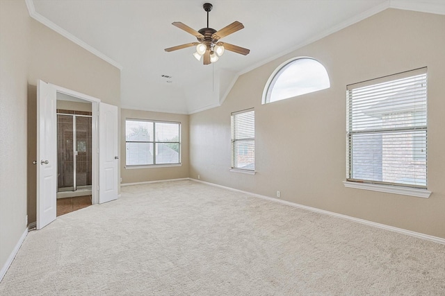 unfurnished bedroom with light carpet, ceiling fan, and lofted ceiling