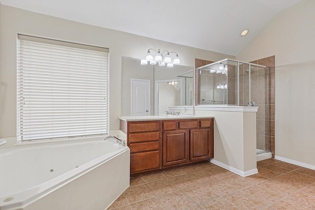 bathroom featuring independent shower and bath, vanity, tile patterned floors, and lofted ceiling