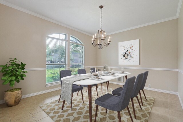 tiled dining room featuring crown molding, plenty of natural light, and a chandelier