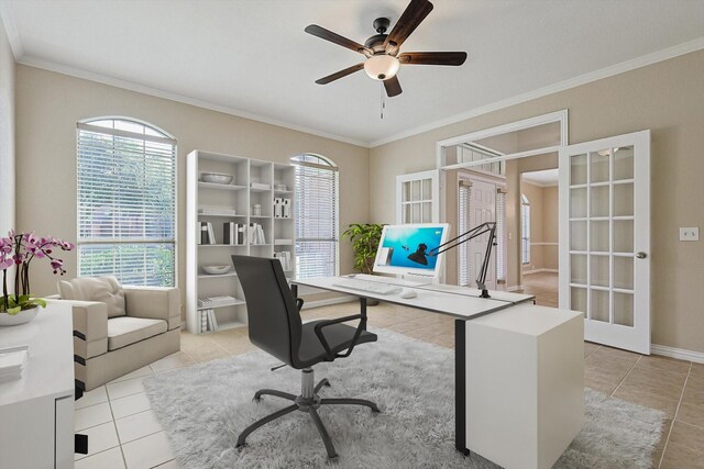 office with light tile patterned floors, ornamental molding, and french doors