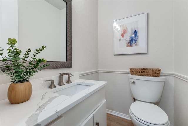 bathroom with wood-type flooring, vanity, and toilet