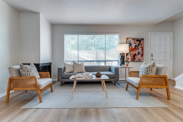 living room with light wood-type flooring and a textured ceiling