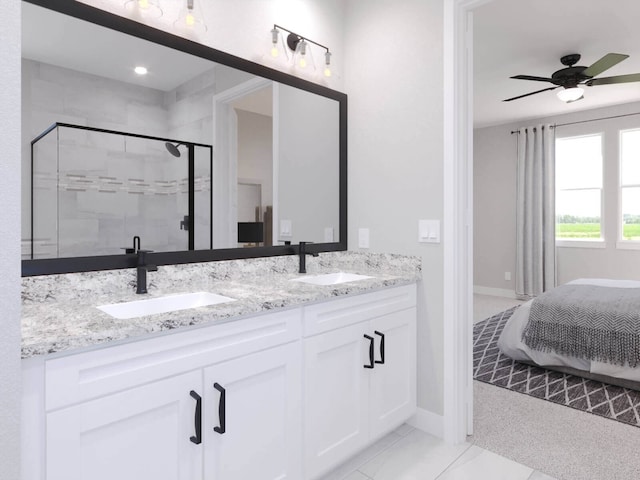 bathroom with ceiling fan, vanity, and an enclosed shower