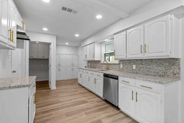 kitchen featuring visible vents, light wood-type flooring, stainless steel dishwasher, white cabinetry, and a sink