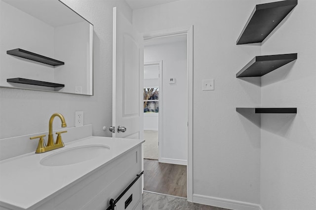 bathroom with hardwood / wood-style floors and vanity