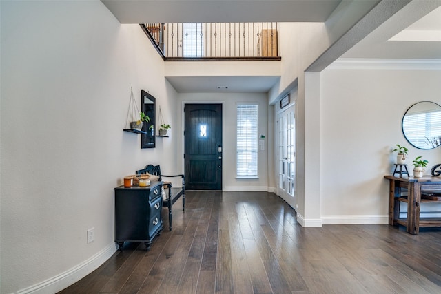 foyer with a towering ceiling, dark hardwood / wood-style flooring, and crown molding