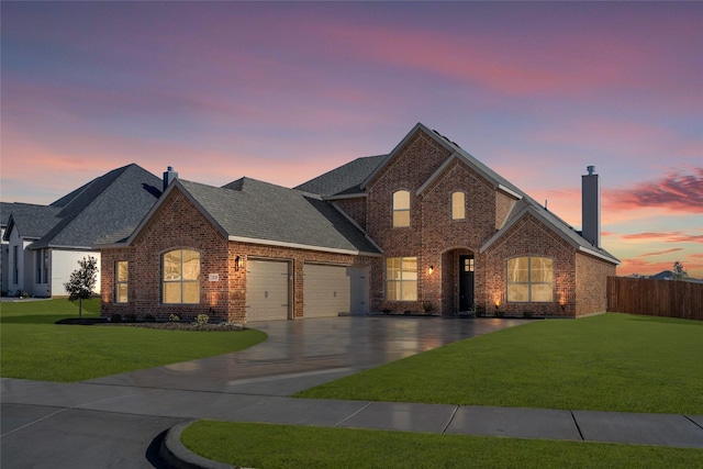view of front of property with a chimney, brick siding, a yard, an attached garage, and concrete driveway