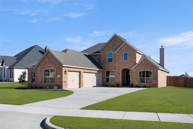 view of front of house with fence, brick siding, a garage, a front yard, and a chimney