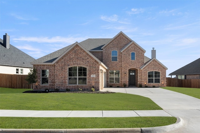 view of front of home with brick siding, fence, driveway, and a front yard