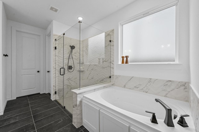 1208 Grass Hollow Pl, Celina, TX 75009 - full bathroom featuring a garden tub, a marble finish shower, and tile patterned flooring