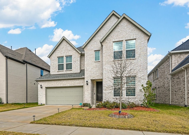 1208 Grass Hollow Pl, Celina, TX 75009 - view of front of home with concrete driveway, an attached garage, a front lawn, and brick siding