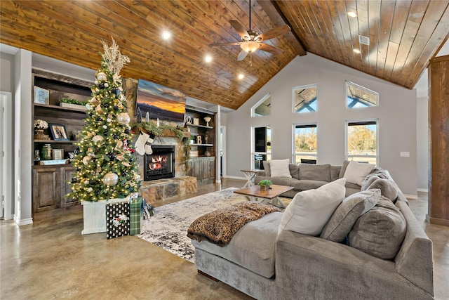 living room with high vaulted ceiling, ceiling fan, built in features, a fireplace, and wood ceiling