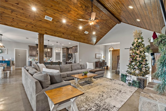 living room featuring beam ceiling, ceiling fan with notable chandelier, high vaulted ceiling, and wooden ceiling