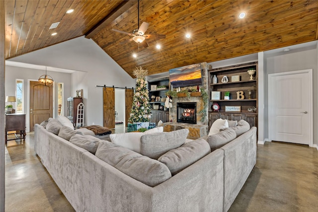 living room featuring concrete flooring, high vaulted ceiling, a fireplace, a barn door, and wooden ceiling