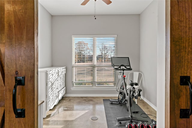 workout area with ceiling fan